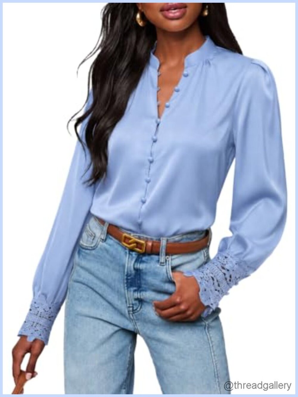 Women's Satin Silk Blouse Lace Cuff Button Down Business Casual Top